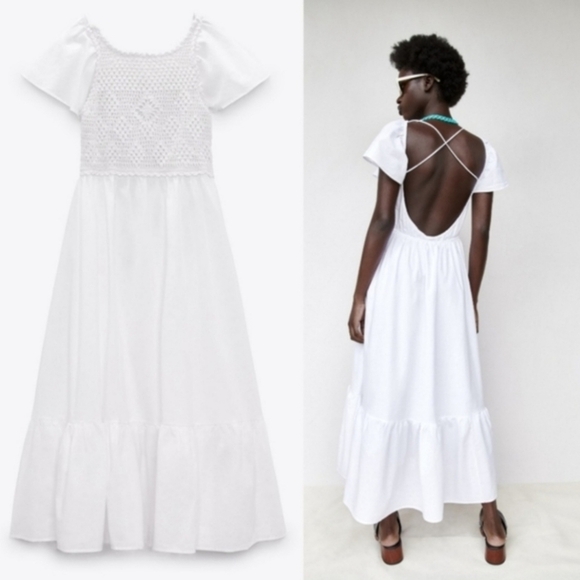 Zara Crochet Flutter Sleeve Open Back Cotton Maxi Dress In Whit Size Size M - Picture 16 of 16